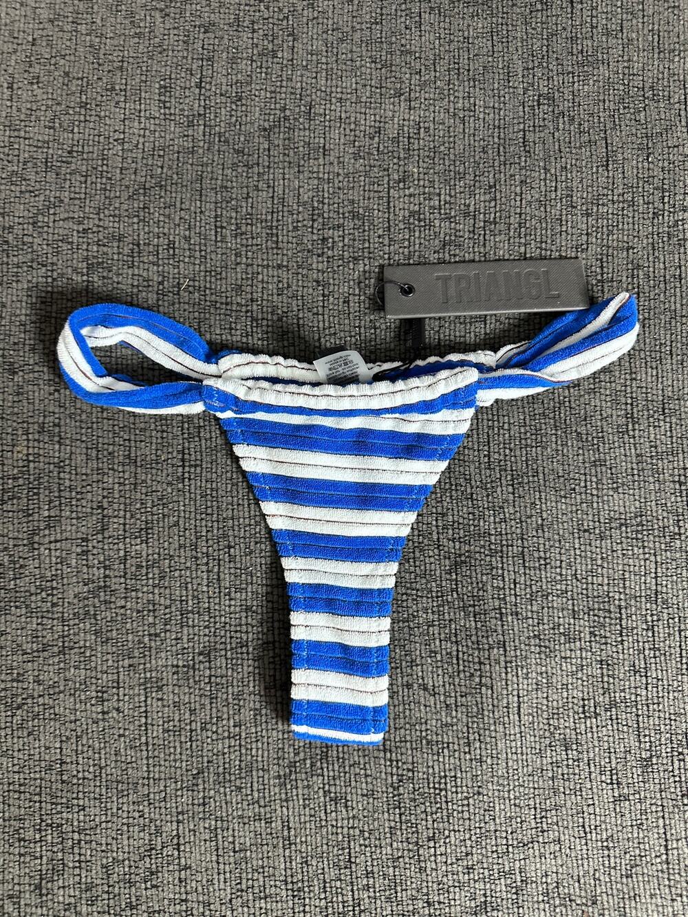 Triangl Terry Cloth Thong Bikini Bottom Blue White Stripe Swim Size S NWT